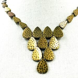 Lucky Brand Bib Necklace Hammered Brass Teardrops Unique Statement Industrial